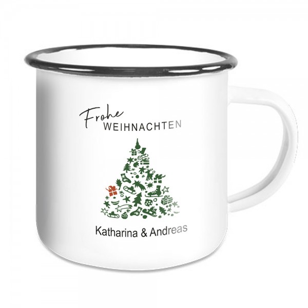 Emailletasse Weihnachten mit Tannenbaum und Namen