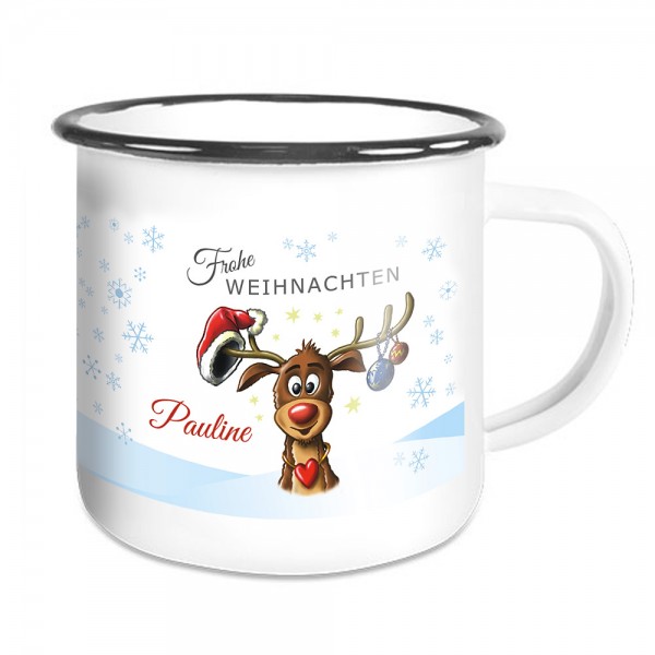 Emailletasse Weihnachten mit lustigem Elch und Namen