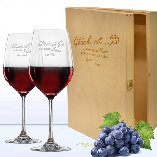 Rotwein Geschenkset mit gravierter Holzkiste
