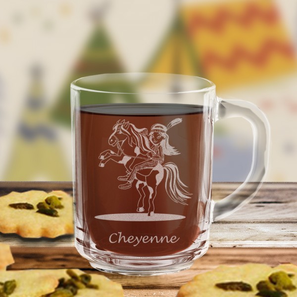 Persönlich gravierte Kindertasse aus Glas mit Indianer und Namen