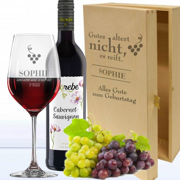 Rotwein Geschenkset zum Geburtstag mit Namensgravur