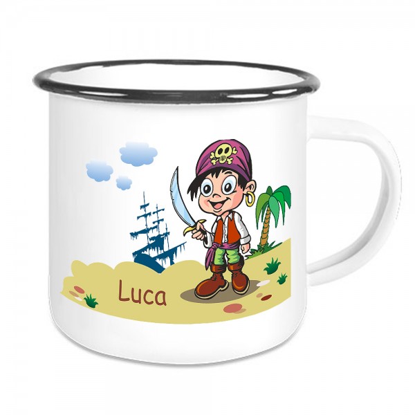 Piraten Tasse aus Emaille für Kinder mit Namen