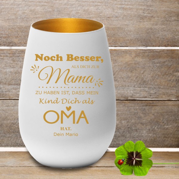 Wind-Teelicht weiß/gold mit Gravur *Noch besser als*