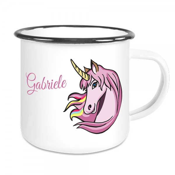 Emaillebecher mit Einhorn Motiv und Namen bedruckt für Kinder