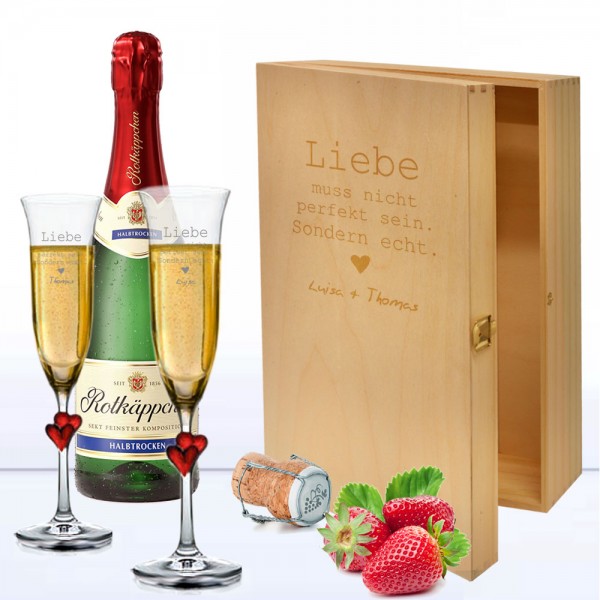 Sektgläser Liebe im Geschenkset mit 3er Holzkiste