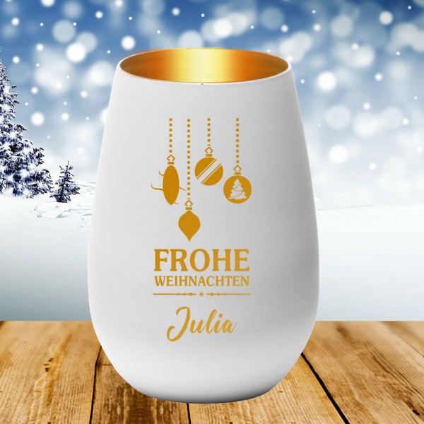 weißes Windlicht Frohe Weihnachten individuell graviert