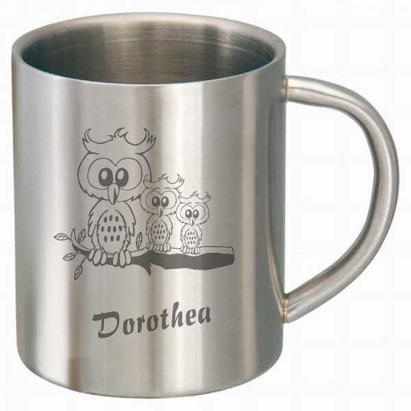 Edelstahltasse mit Eulen als Motiv und Namensgravur