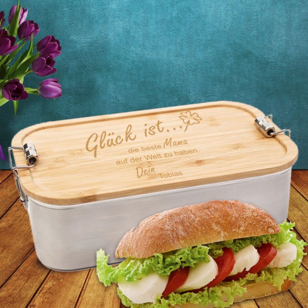 Lunchbox aus Edelstahl "Glück ist... " mit Gravur