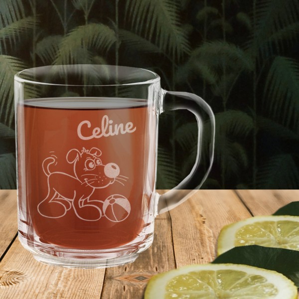 Personalisierte Glas Tasse Hund mit Namen graviert