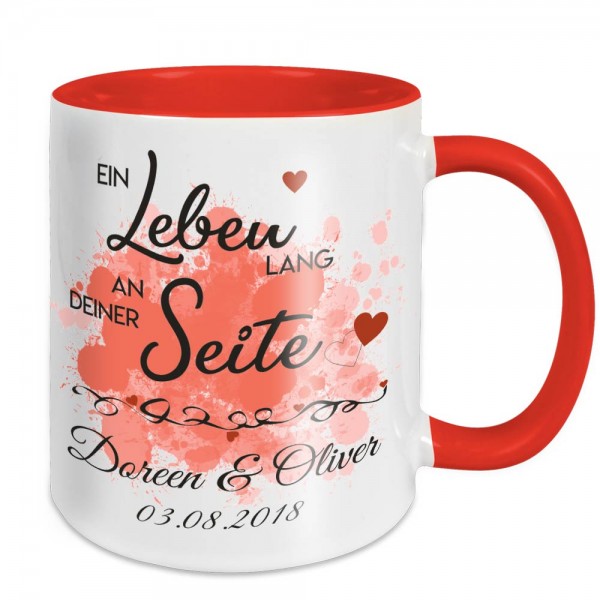 Tasse für Verliebte Ein Leben lang - mit Namen - rot