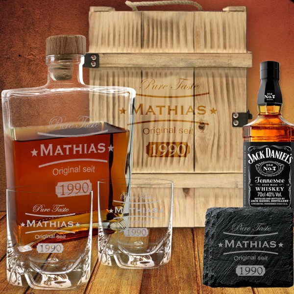 Personalisiertes Whisky Set mit Jack Daniel´s in geflammter Holzbox