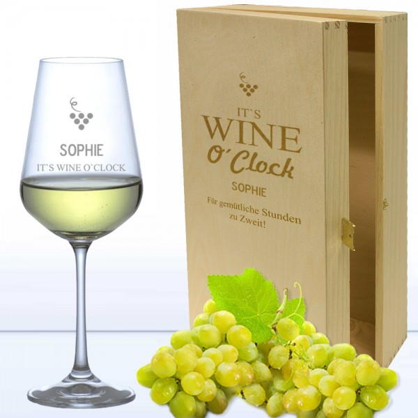 Edles Weißweinglas in 2er Holzkiste WINE O CLOCK mit Namensgravur
