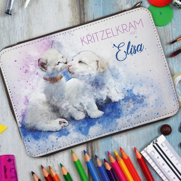 Federmäppchen für Mädchen Hund & Katze mit Namen personalisiert