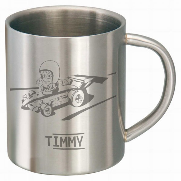 Edelstahltasse mit Rennauto als Motiv und Namensgravur