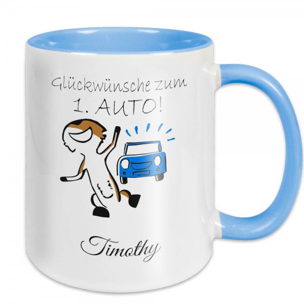 Geschenk zum 1. eigenen Auto: Eine Tasse mit Namen
