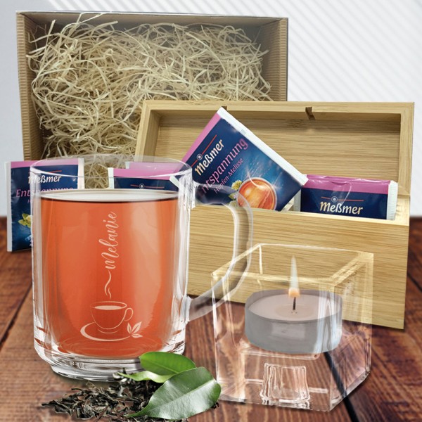 Geschenkset "Eine Tasse Ruhe" mit Leonardo Glastasse, Tischlicht und Teebox individuell gr