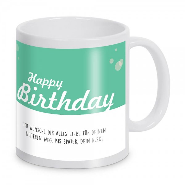 Keramiktasse zum Geburtstag mit Gruß und Wunschtext