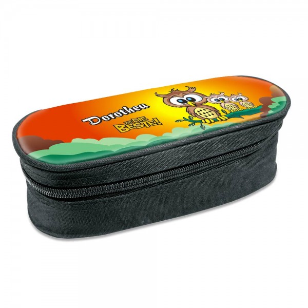 Bedrucktes Schlampermäppchen für Kinder mit Eule Motiv und Namen