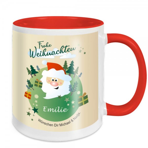 Tasse mit Weihnachtsmotiv, Namen und Text