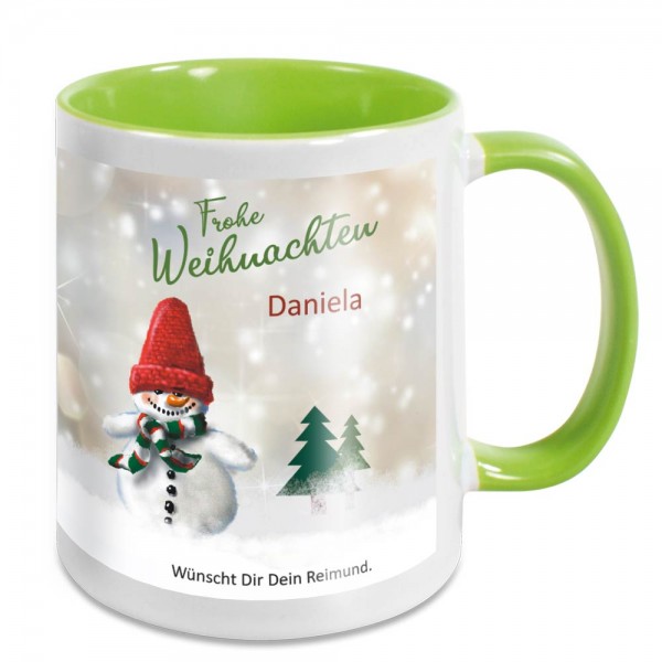 Kaffee-Tasse mit Schneemann und Namen bedruckt