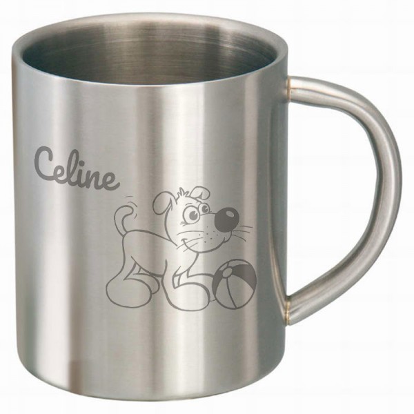 Edelstahltasse mit lustigem Hund als Motiv und Namensgravur