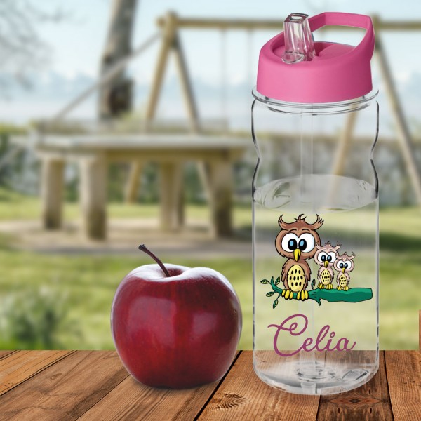 Trinkflasche Kinder, mit süßen Eulen und deinem Namen bedruckt