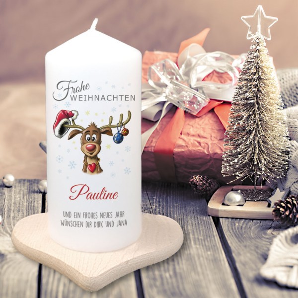 Bedruckte Weihnachtskerze mit Elchmotiv, Namen und Wunschtext
