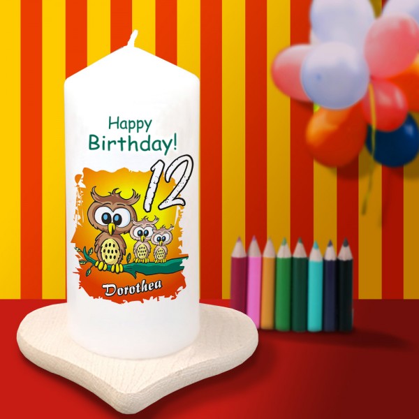 Individuelle Kerze zum Geburtstag mit Eulenmotiv, Alter und Namen