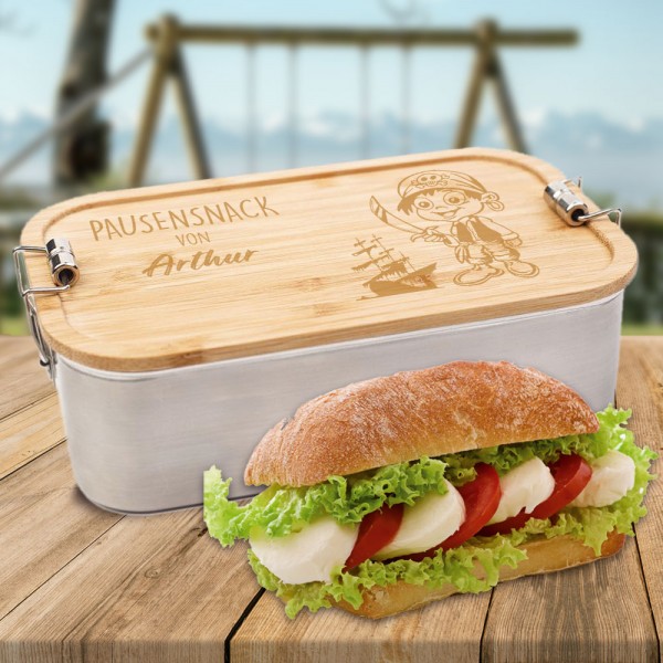 Lunchbox Edelstahl / Bambus Gravur Pirat und Name