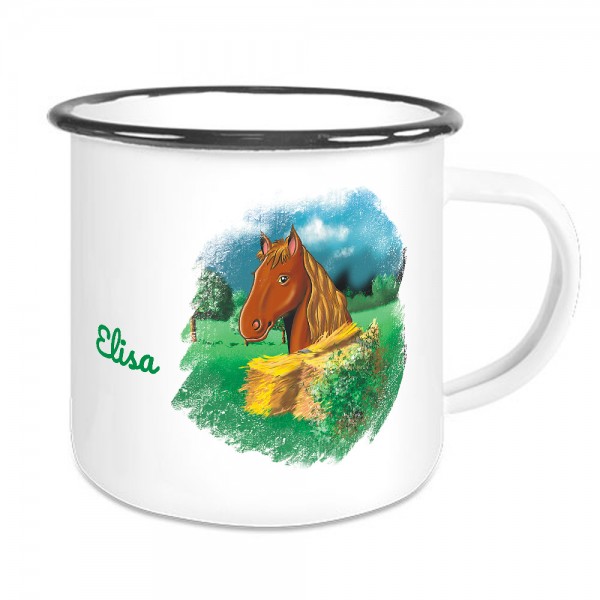 Persönliche Tasse aus Emaille für Kinder mit Pferd und Namen