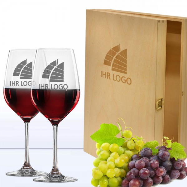 Wein Geschenkset mit Logo in 3er Holzkiste Rotwein