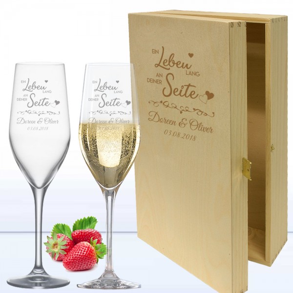 Sekt-Geschenk-Set in 2er Holzkiste mit romantischer Gravur Ein Leben lang