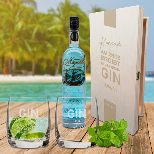 Individuelles GIN Set mit 2 Gläsern in Holzbox