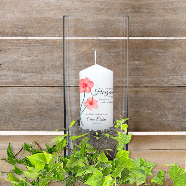 Individuelle Trauerkerze mit Blumen zum Gedenken mit Vase als Set